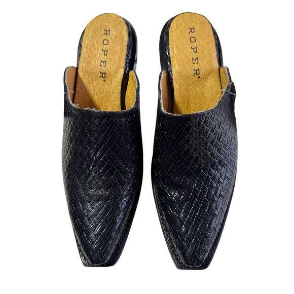Roper Mary Mules Women's Size 5 Snip Toe Basketweave Embossed Black Leather - Picture 3 of 9